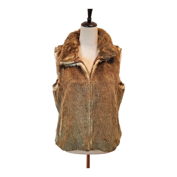 ANN TAYLOR LOFT SZ 10 Brown/Tan Soft Faux Fur Zippered Vest - Picture 2 of 8